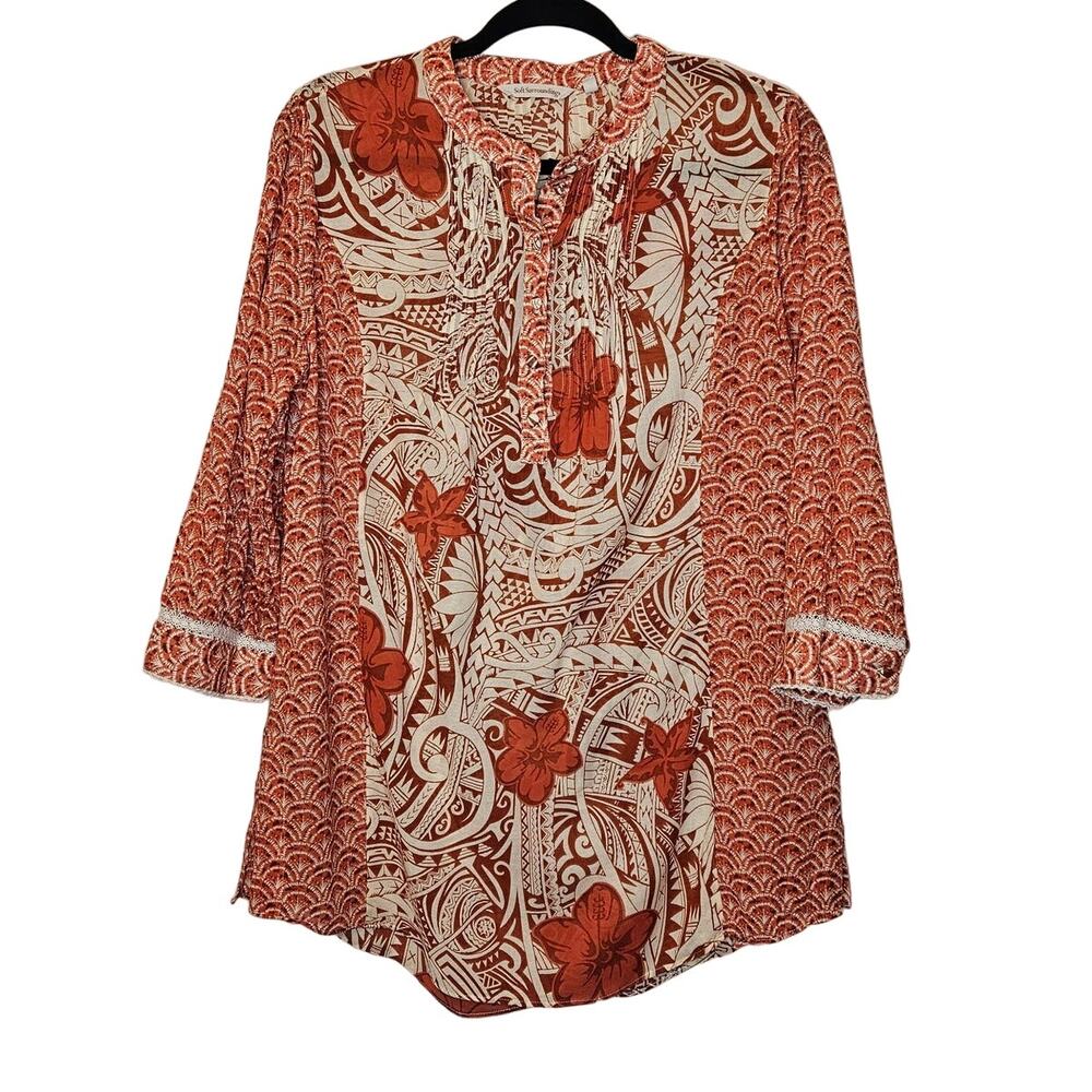 Soft Surroundings Hawaiian Floral Tropical Sheer Blouse Crochet cuffs sz Small